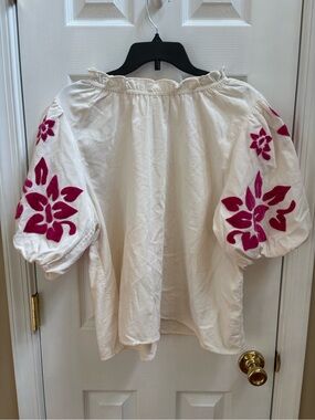 Anthropologie THML Puff Sleeve Top with Pink Floral Embroidery, Size L, SEE NOTE
